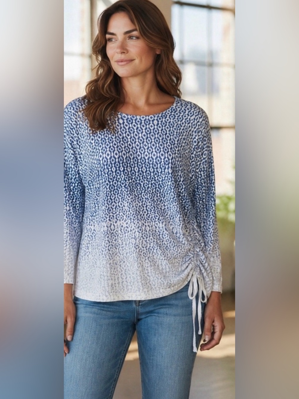 Chico’s Blue/ White Geometric Ombre Circle Dot w Side Cinch Sweater Size 0 (SM)